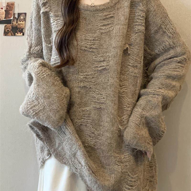 宽松慵懒风长袖套头毛衣女装秋冬大码胖mm遮肚韩系中长款针织上衣