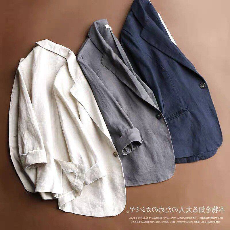 小西装外套女2025薄款短款韩版女装修身麻料大码七分袖一粒