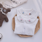 上衣 T恤洋气宝宝打底衫 女童纯棉白衬衫 春秋甜美小花刺绣翻领长袖