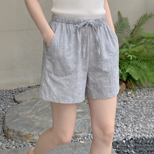 夏季薄款纯棉纱布碎花女家居短裤
