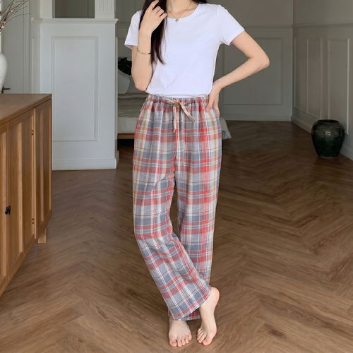100%棉女士薄款红格家居长裤