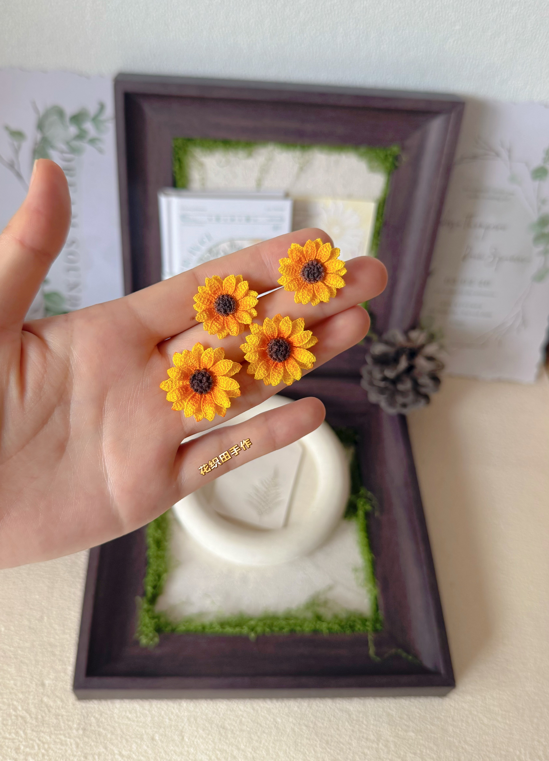 花织田原创设计手工微钩编织向日葵耳饰成品森系衣服配饰节日礼物