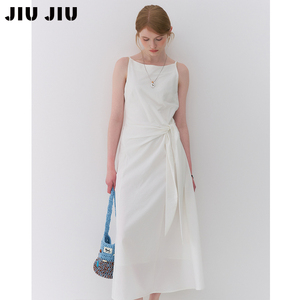 JIUJIU法式气质绑带收腰连衣裙女2026夏季新款显瘦 A 字大摆长裙