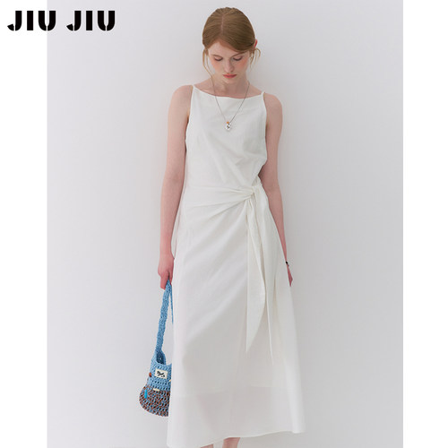 JIUJIU法式气质绑带收腰连衣裙女2026夏季新款显瘦 A 字大摆长裙