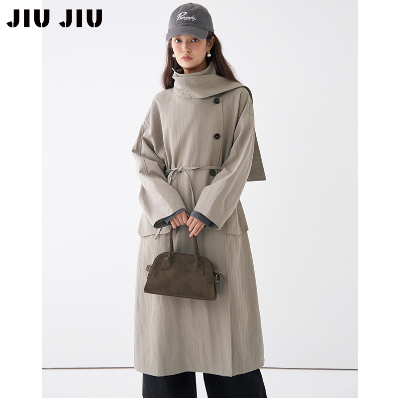 JIUJIU设计感披肩式风衣女中长款2025秋季新款小个子英伦风外套