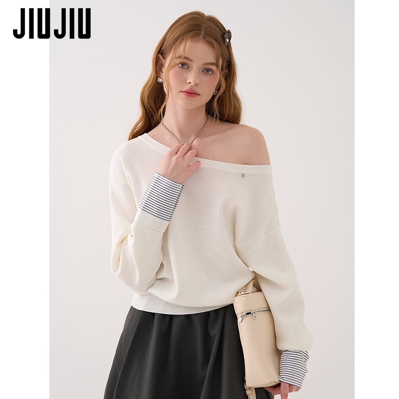 JIUJIU叠穿假两件拼接一字肩针织衫女秋季2025新款气质露肩上衣
