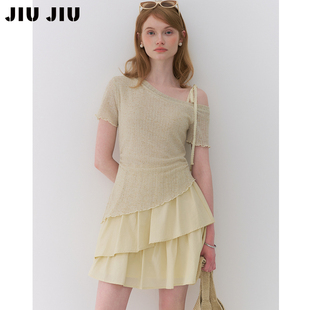 2026新款 显瘦气质短裙 层次感假两件斜肩连衣裙女夏季 JIUJIU法式