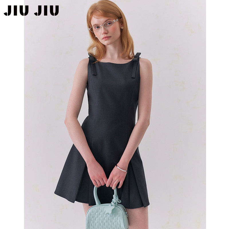 JIUJIU高级感miu系蝴蝶结西装连衣裙女夏季显瘦收腰修身百褶短裙
