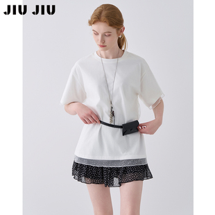 2025新款 JIUJIU设计感网纱拼接白色T恤女夏季 收腰气质百搭上衣
