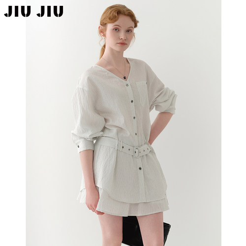 JIUJIU小众设计感时髦条纹衬衫套装女春季长袖衬衣半身裙两件套