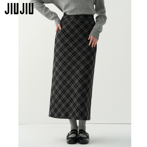 JIUJIU美式复古格纹毛呢半身裙女中长款2025冬季新款显瘦a字裙