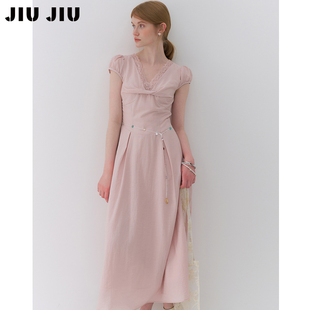 2026新款 显瘦收腰气质长裙 气质蕾丝V领连衣裙女夏季 JIUJIU法式