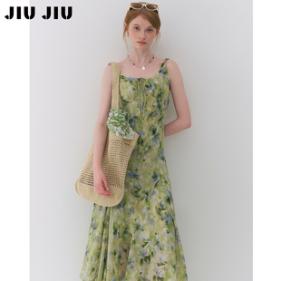 2026新款 显瘦收腰吊带长裙 度假风绿色碎花连衣裙女夏季 JIUJIU法式