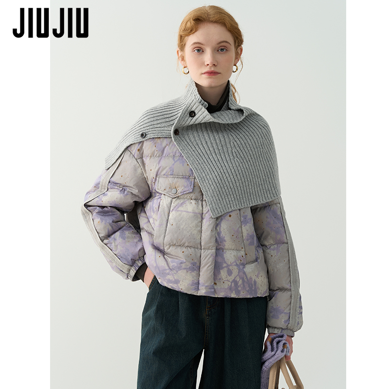 JIUJIU围巾式渐变扎染紫色羽绒服女冬季2025新款90白鸭绒面包服