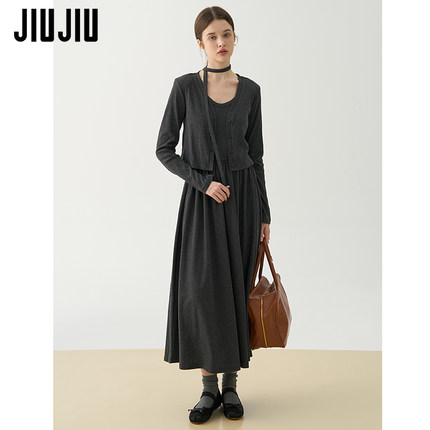 JIUJIU法式复古连衣裙套装女2025春季新款背心裙针织开衫两件套
