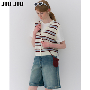 2026新款 设计感休闲百搭上衣 女夏季 JIUJIU撞色条纹假两件针织衫