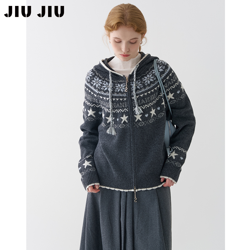 JIUJIU复古连帽费尔岛双拉链针织开衫女秋冬休闲花边加厚毛衣外套