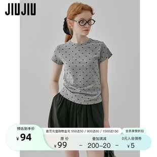 复古波点短袖 T恤女2024季 新款 上衣 JIUJIU美式 设计感正肩修身 短款