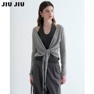 JIUJIU法式 女春季 2026新款 交叉系带上衣 设计感撞色假两件针织衫
