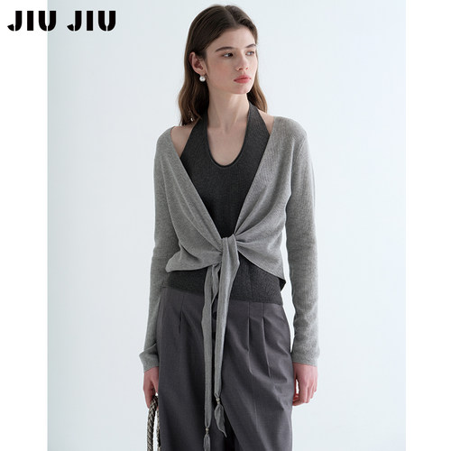 JIUJIU法式设计感撞色假两件针织衫女秋季2026新款交叉系带上衣