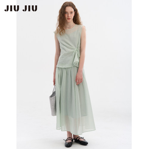 JIUJIU设计感时髦三件套女夏季2026新款系带衬衫半身裙套装裙子