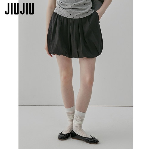 JIUJIU蓬蓬感褶皱花苞半身裙女2026夏季新款休闲泡泡灯笼裙短裙