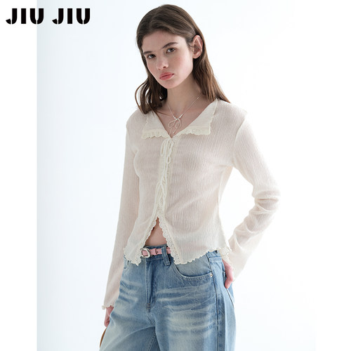 JIUJIU法式温柔风蕾丝翻领T恤女春季2026新款设计感短款系带上衣