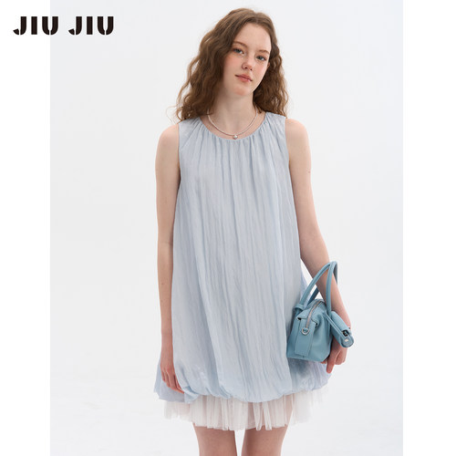 JIUJIU无袖连衣裙女夏季新款法式温柔风网纱拼接褶皱宽松A字短裙