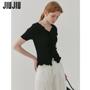 设计感小众修身 JIUJIU法式 木耳边黑色针织衫 女2024夏新款 显瘦上衣