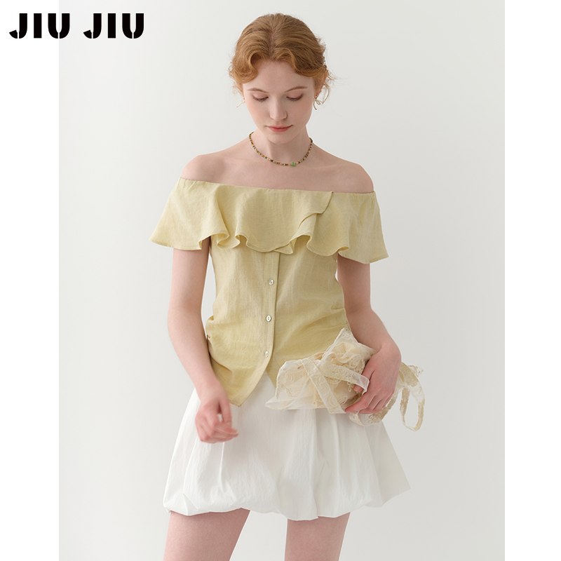 JIUJIU法式一字肩荷叶边衬衫女夏季2025新款气质收腰显瘦衬衣上衣