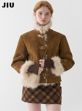 JIUJIU美式复古立领加厚麂皮绒毛毛外套女冬季2025新款保暖上衣