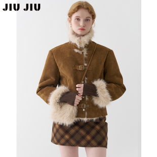 JIUJIU美式复古立领加厚麂皮绒毛毛外套女冬季2025新款保暖上衣