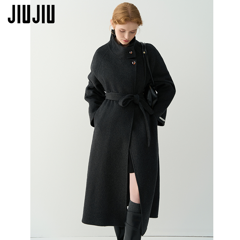 JIUJIU法式复古立领加厚羊毛大衣女2025冬季新款中长款双面呢外套