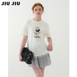 JIUJIU蕾丝花边拼接白色T恤女短袖 设计感宽松上衣 夏季 2025新款