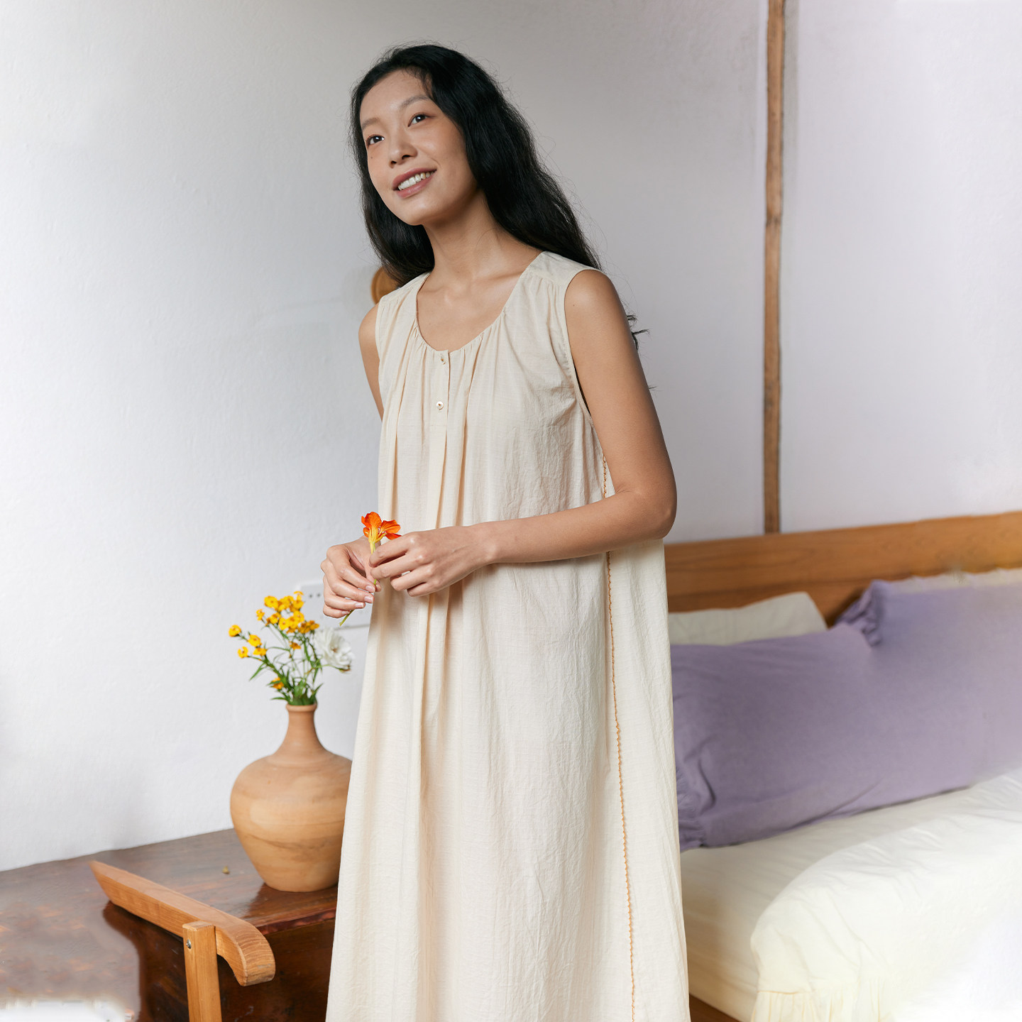 双色纯棉家居服睡裙26夏季女无袖套头宽松简约长款连衣裙朵朵可可