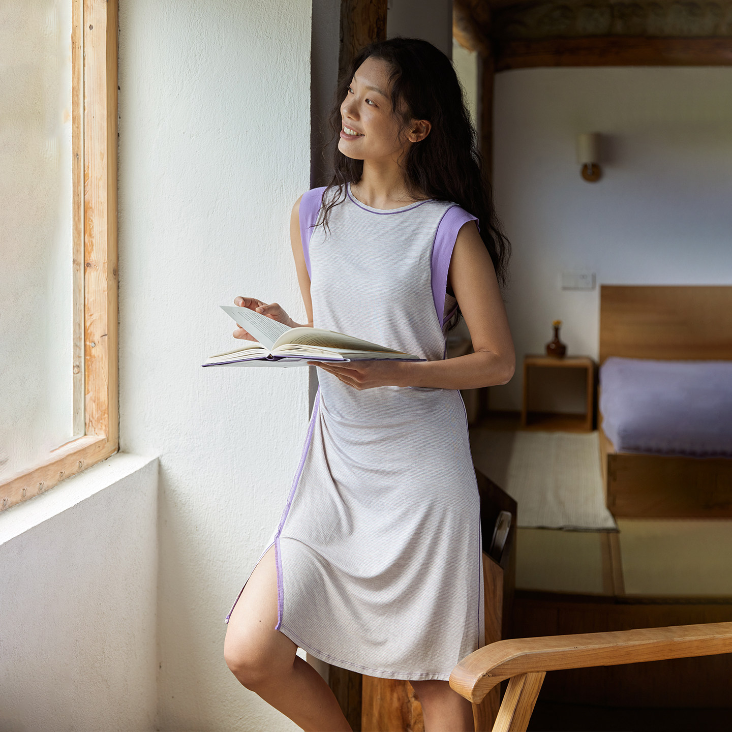 26夏季新款弹力针织裸感圆领条纹套头简约女款睡裙家居服朵朵可可