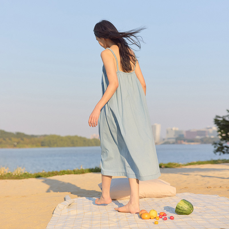 朵朵可可纯棉软牛仔睡裙女夏季吊带长裙简约柔软百搭家居服可外穿