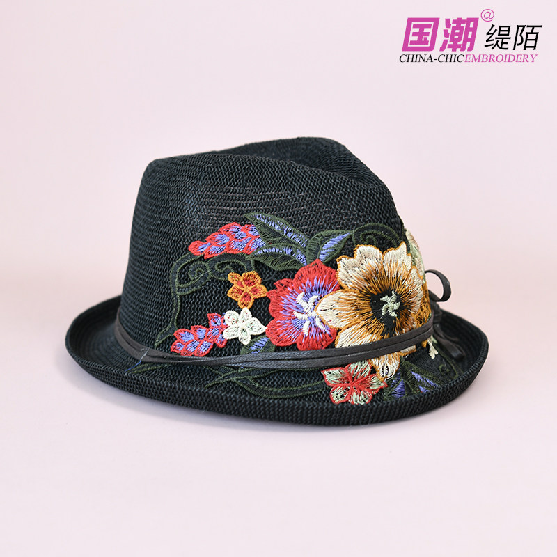 民族风刺绣帽子女士春夏秋盆帽小礼帽百搭平顶帽爵士帽遮阳帽休闲
