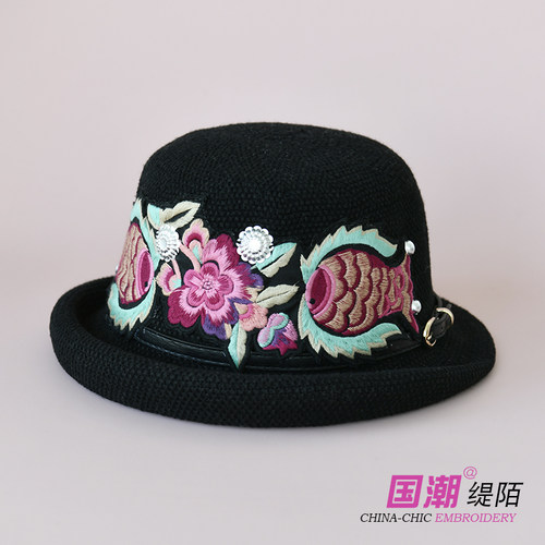 渔夫帽民族风女卷边刺绣花帽子