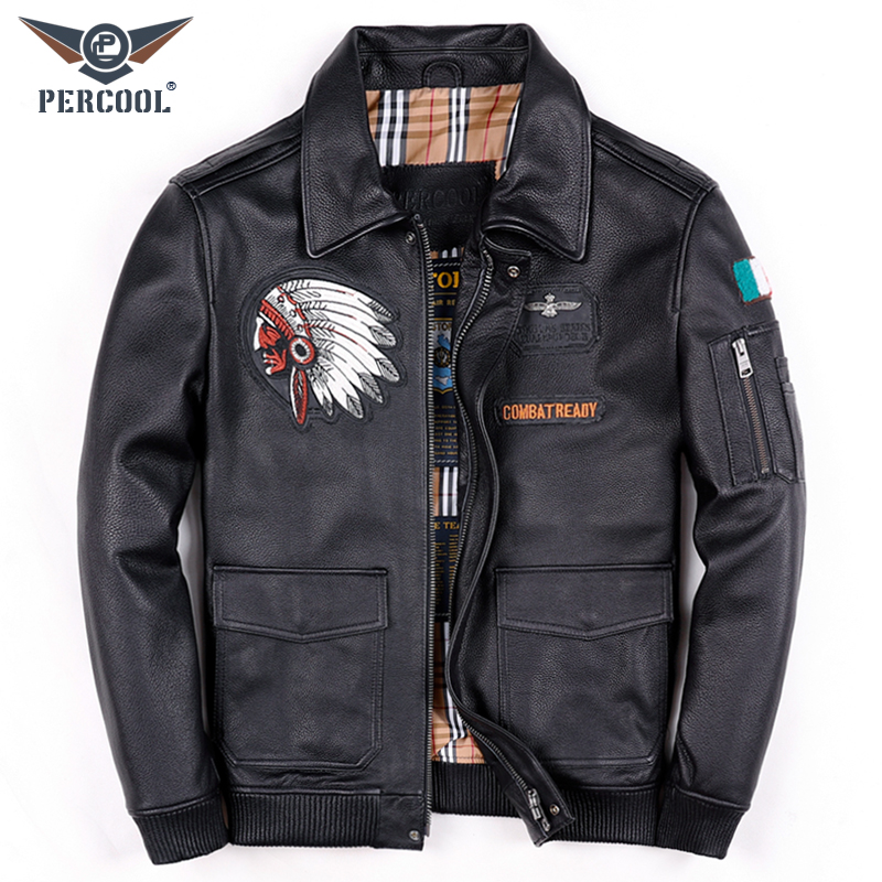 2025新款飞行服皮夹克头层牛皮翻领真皮皮衣男士机车服刺绣皮外套