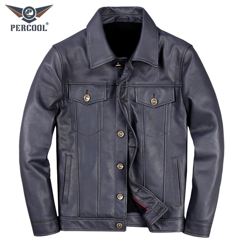 PERCOOL头层牛皮牛仔风真皮皮衣