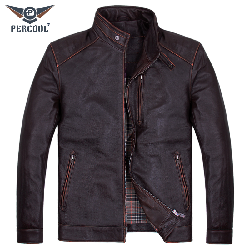 PERCOOL欧美风复古做旧真皮皮衣