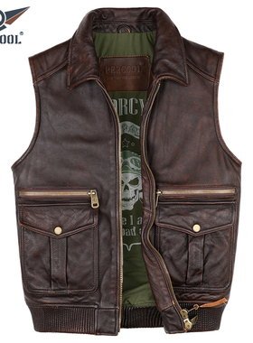 新款男士真皮马甲头层牛皮大口袋机车服背心复古翻领大码皮坎肩潮