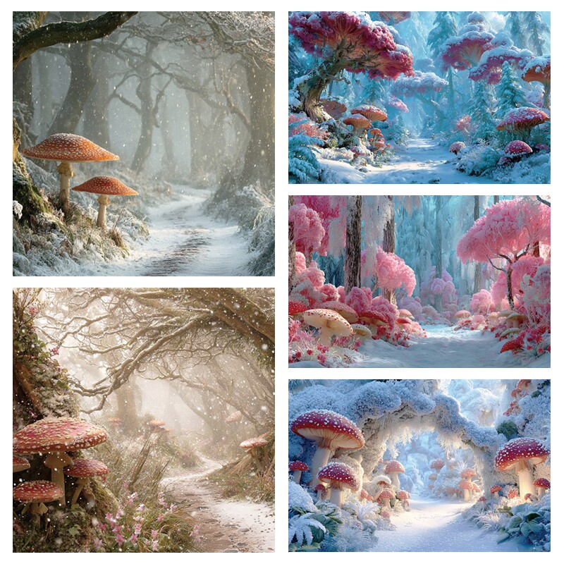 梦幻森林冬季雪景蘑菇儿童背景布