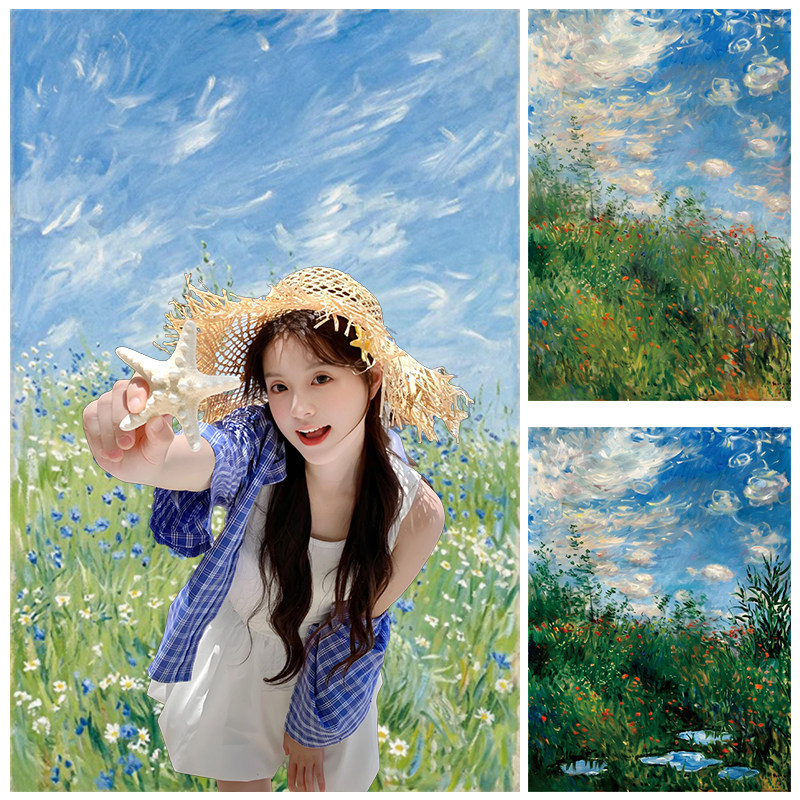 唯美蓝色天空草地油画风背景布