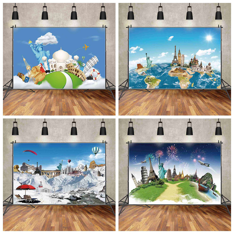 卡通世界标志性建筑背景布直播