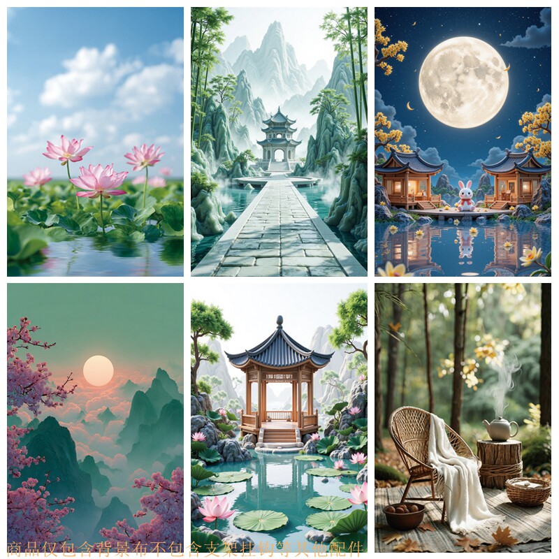 中秋圆月影楼旗袍全家福摄影墙布