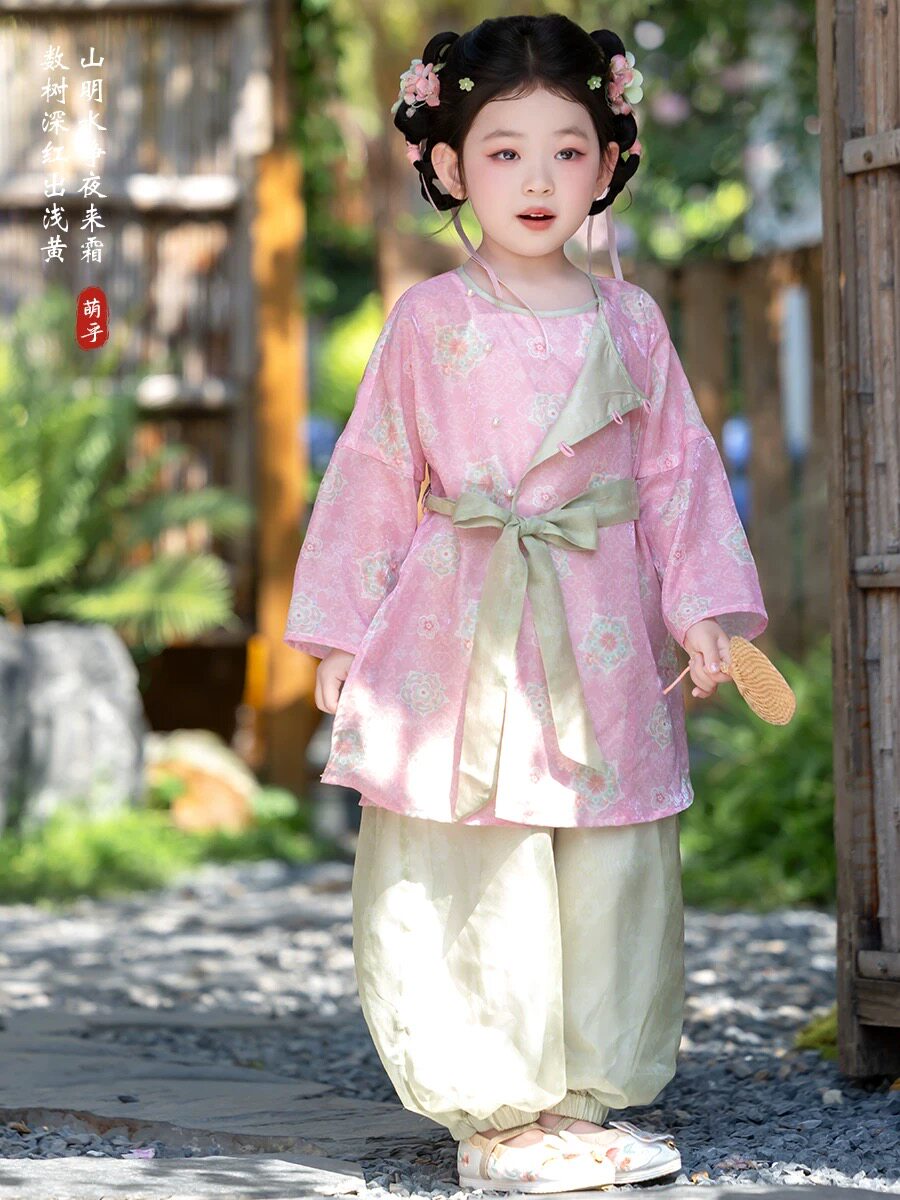 汉服女童儿童新中式改良套装小女孩中国风圆领袍宋裤唐装古装春款