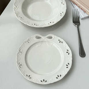 法式ins唯美浮雕镂空蝴蝶结边陶瓷盘子甜品蛋糕西餐意面汤盘平盘