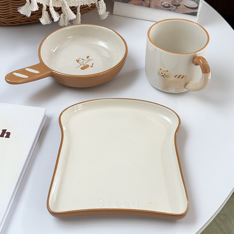 日系可爱橘猫陶瓷早餐吐司盘手柄碟盘马克杯餐具治愈系水果盘图片